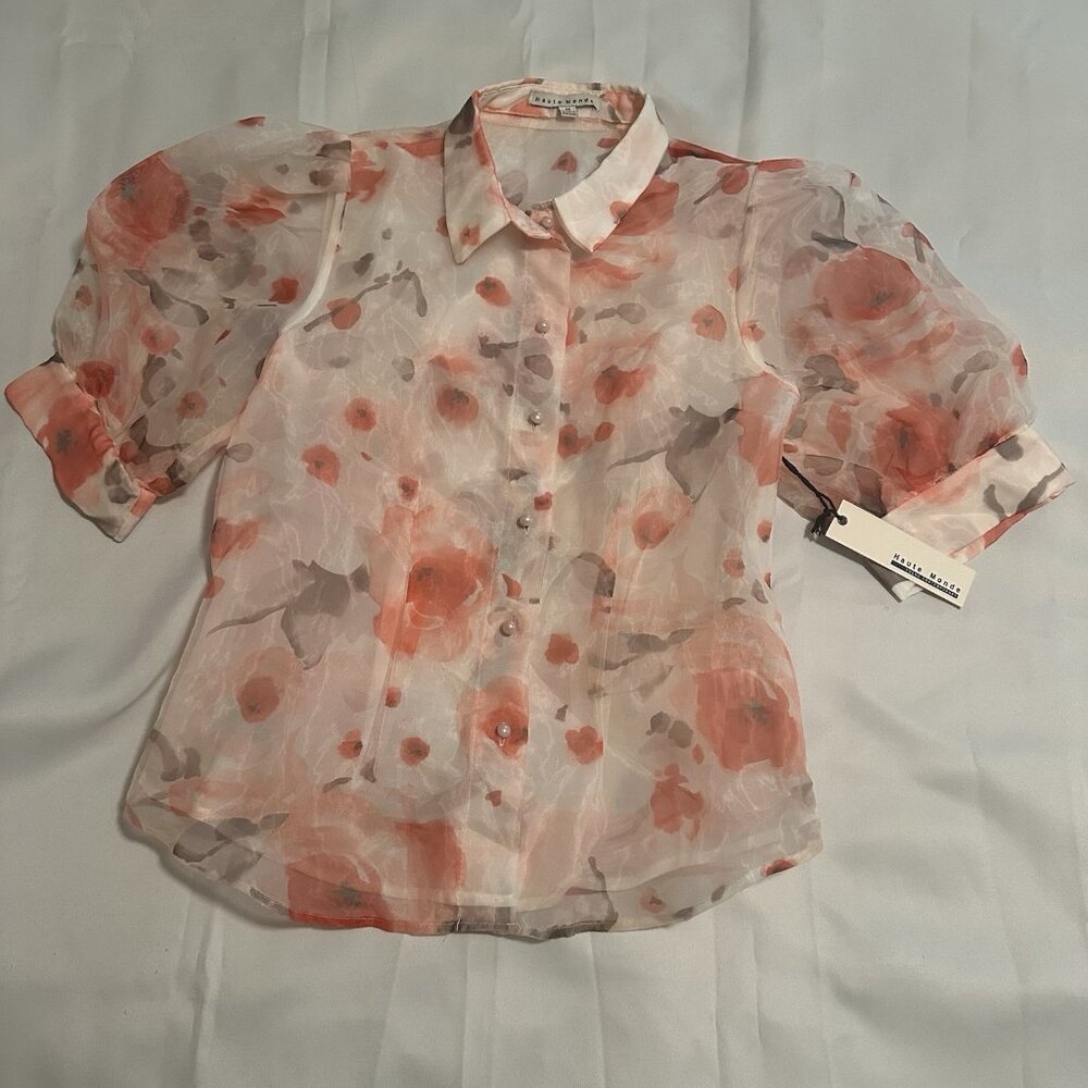 Haute Monde Pink Floral Sheer Puff Sleeve Blouse, Sz M NWT